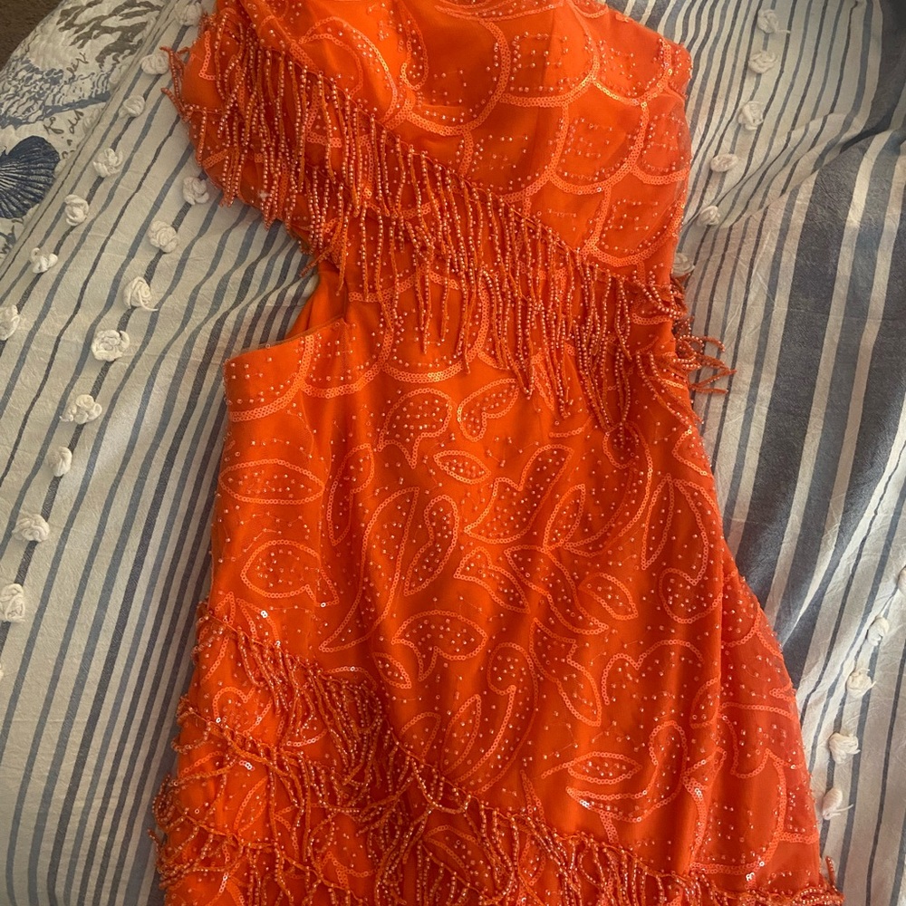 Orange Cut Out, One Shoulder With Tassel Hoco Dress